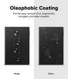 Galaxy Z Fold 8 Screen Protector | Cover Display Easy Slide Privacy Tempered Glass (2 Pack) - A promotional comparison graphic for oleophobic coating on a smartphone screen. The left side shows a black phone screen with water droplets and oil-like smudges, labeled 'Ringke'; the right side shows a similar black screen with the marks wiped away, labeled 'Others'.
