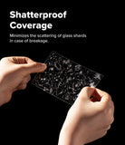 Galaxy Z Fold 8 Screen Protector | Cover Display Easy Slide Privacy Tempered Glass (2 Pack) - Hands holding a transparent shatterproof glass panel with visible crack-like patterning, shown against a black background with the text 'Shatterproof Coverage' and a supporting product claim.