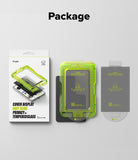 Galaxy Z Fold 8 Screen Protector | Cover Display Easy Slide Privacy Tempered Glass (2 Pack) - A product package set for a privacy screen protector, featuring a white retail box on the left, a translucent lime-green protective frame in the center, and a gray privacy insert on the right, all arranged on a light gray background under the heading 'Package'.