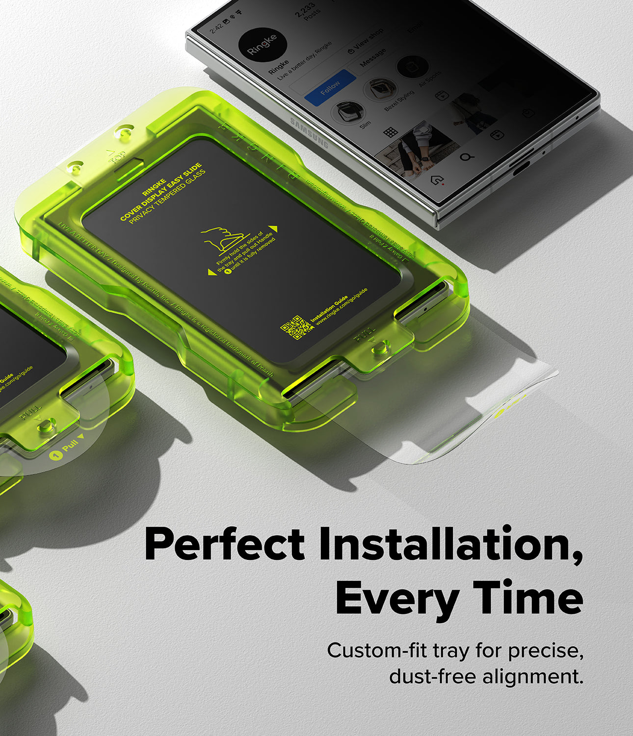 Galaxy Z Fold 8 Screen Protector | Cover Display Easy Slide Privacy Tempered Glass (2 Pack) - A bright translucent neon green protective tray holding a black rectangular card, shown alongside a smartphone and cropped views of additional trays on a light gray background. Large text reads 'Perfect Installation, Every Time' with smaller descriptive copy below.
