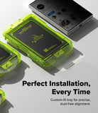 Galaxy Z Fold 8 Screen Protector | Cover Display Easy Slide Privacy Tempered Glass (2 Pack) - A bright translucent neon green protective tray holding a black rectangular card, shown alongside a smartphone and cropped views of additional trays on a light gray background. Large text reads 'Perfect Installation, Every Time' with smaller descriptive copy below.