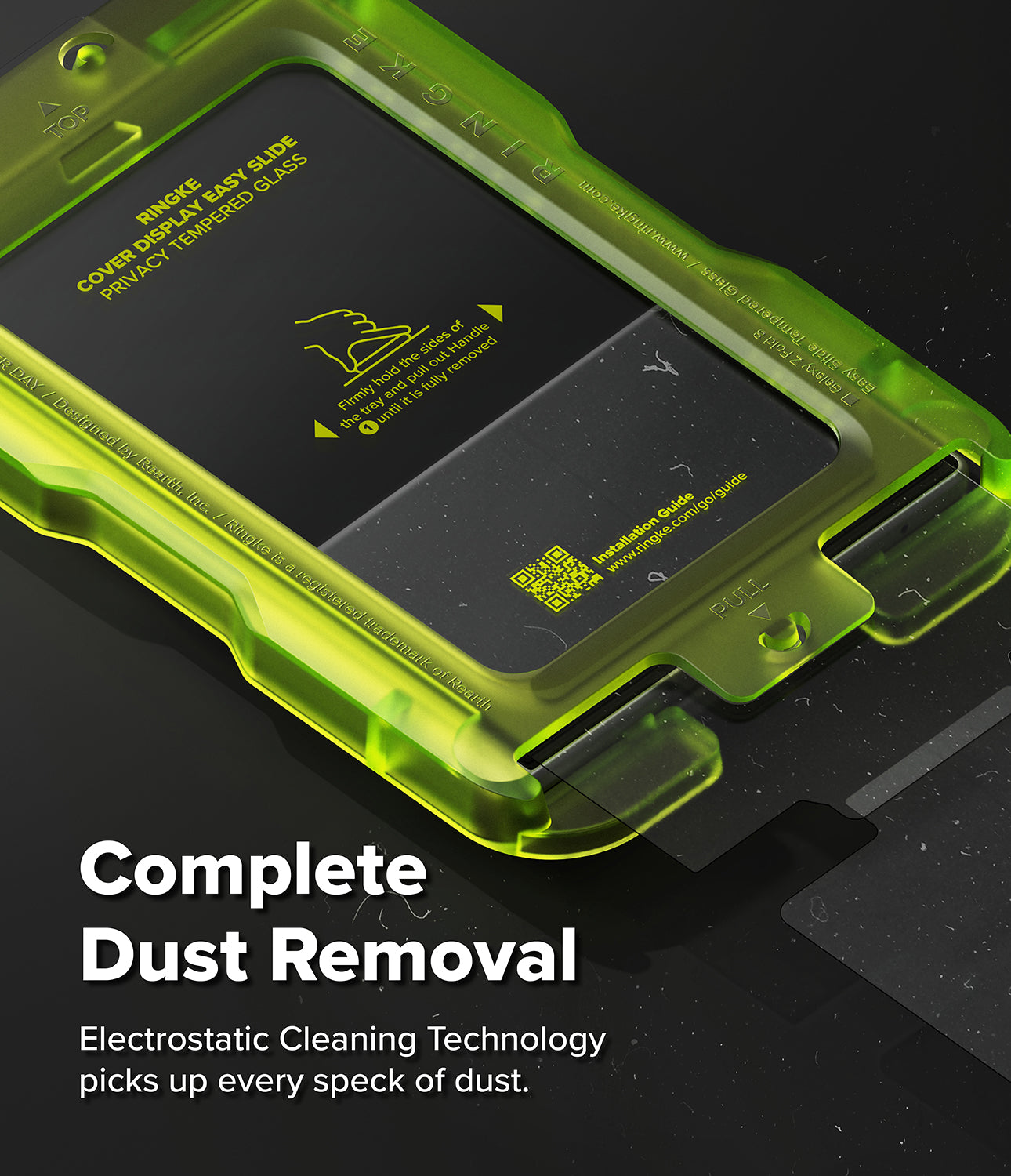 Galaxy Z Fold 8 Screen Protector | Cover Display Easy Slide Privacy Tempered Glass (2 Pack) - A close-up of a translucent neon green protective case around a black smartphone, with marketing text reading 'Complete Dust Removal' and 'Electrostatic Cleaning Technology picks up every speck of dust.' on a dark background.