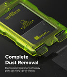 Galaxy Z Fold 8 Screen Protector | Cover Display Easy Slide Privacy Tempered Glass (2 Pack) - A close-up of a translucent neon green protective case around a black smartphone, with marketing text reading 'Complete Dust Removal' and 'Electrostatic Cleaning Technology picks up every speck of dust.' on a dark background.