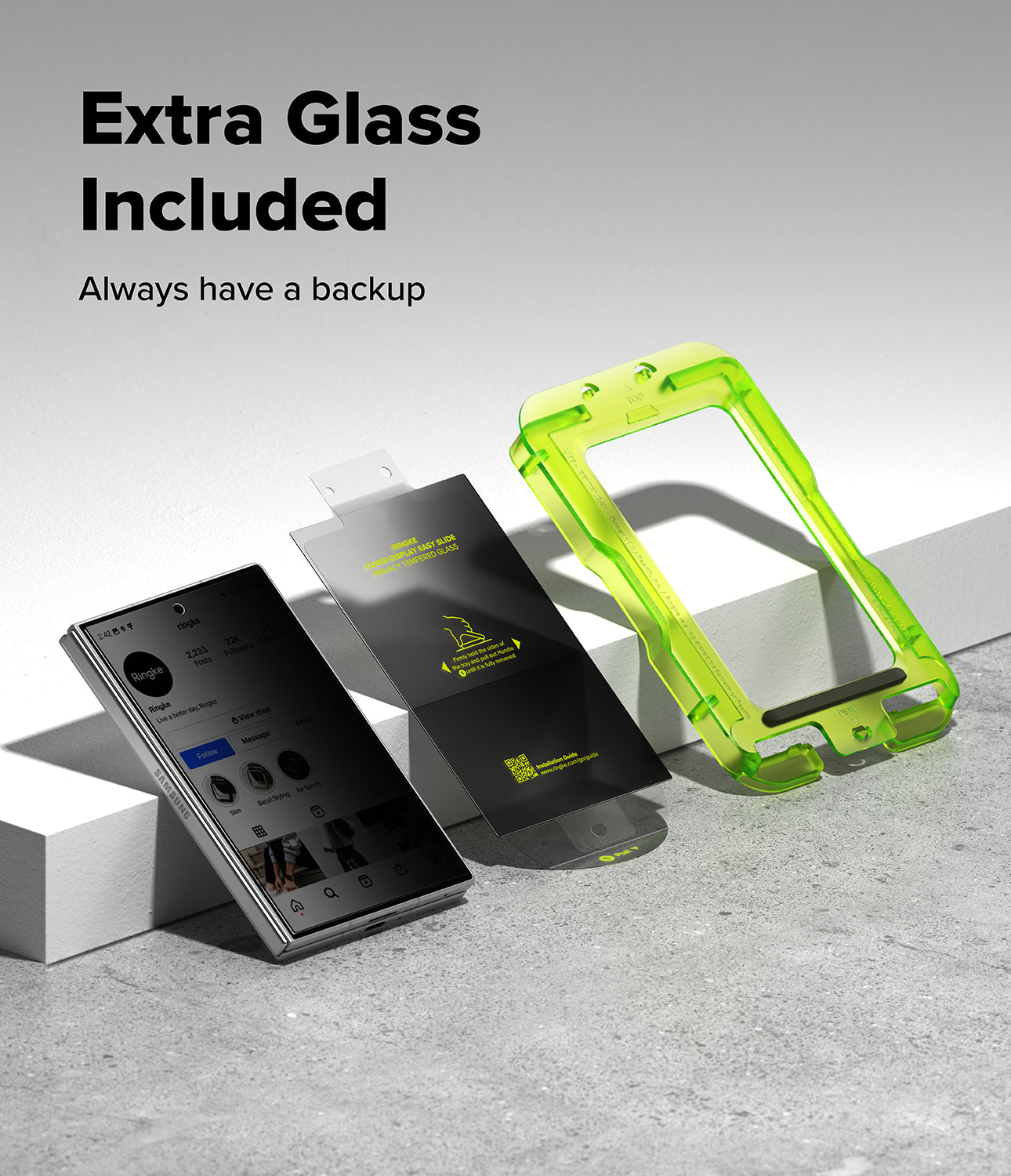 Galaxy Z Fold 8 Screen Protector | Cover Display Easy Slide Privacy Tempered Glass (2 Pack) - A smartphone accessory set on a light gray surface with white blocks: a black phone case shown closed, a black screen protector package, and a translucent neon green extra glass frame. Large text reads 'Extra Glass Included' and 'Always have a backup.