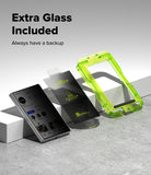 Galaxy Z Fold 8 Screen Protector | Cover Display Easy Slide Privacy Tempered Glass (2 Pack) - A smartphone accessory set on a light gray surface with white blocks: a black phone case shown closed, a black screen protector package, and a translucent neon green extra glass frame. Large text reads 'Extra Glass Included' and 'Always have a backup.