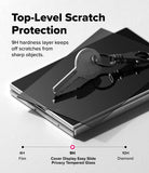 Galaxy Z Fold 8 Screen Protector | Cover Display Easy Slide Privacy Tempered Glass (2 Pack) - Samsung Galaxy S20 Ultra smartphone shown at an angle with a dark tempered glass privacy screen on top, plus a key resting on the screen. Text reads 'Top-Level Scratch Protection' and '9H hardness layer keeps off scratches from sharp objects.