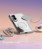 Galaxy Z Fold 8 Case | Fusion Flap Magnetic - A clear magnetic phone case with a silver metallic ring and circular magnetic pad, shown on a smartphone against a soft pink-to-purple gradient background. Text at the bottom reads 'FUSION FLAP MAGNETIC for Galaxy Z Fold8 Ringke'.