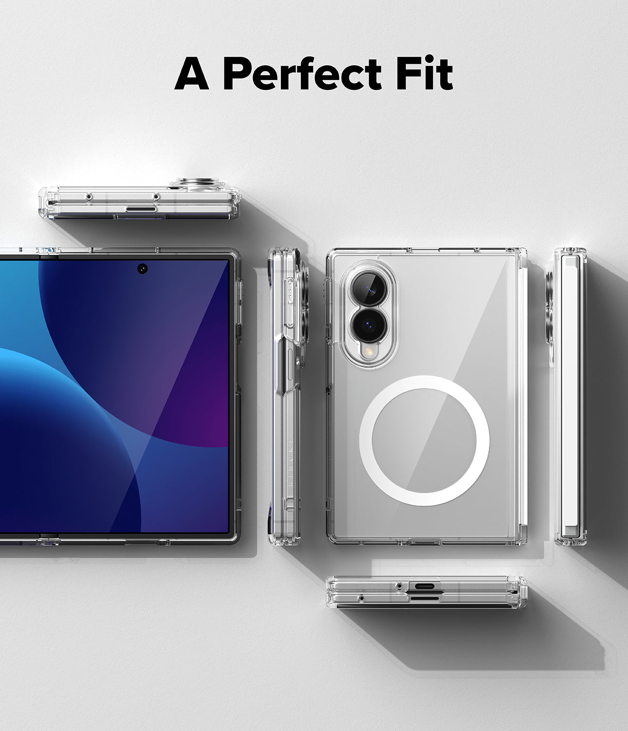 Galaxy Z Fold 8 Case | Fusion Flap Magnetic - Transparent clear phone case shown fitted around a foldable smartphone from multiple angles on a light gray background, with the text 'A Perfect Fit' at the top.