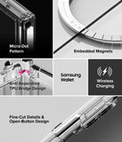 Galaxy Z Fold 8 Case | Fusion Flap Magnetic - A 5-panel feature infographic for a clear phone case, highlighting its micro-dot pattern, embedded magnets, TPU bridge design, wireless charging compatibility with Samsung Wallet, and fine-cut details.