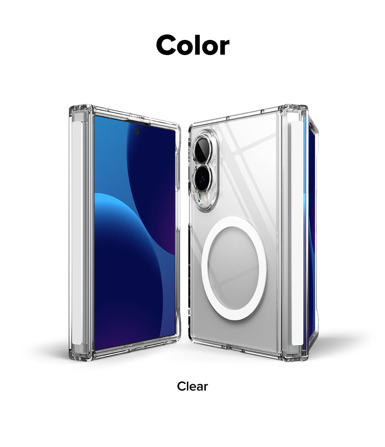 Galaxy Z Fold 8 Case | Fusion Flap Magnetic - A clear phone case shown on a foldable smartphone from front and back angles on a white background, with the text 'Color' at the top and 'Clear' at the bottom.