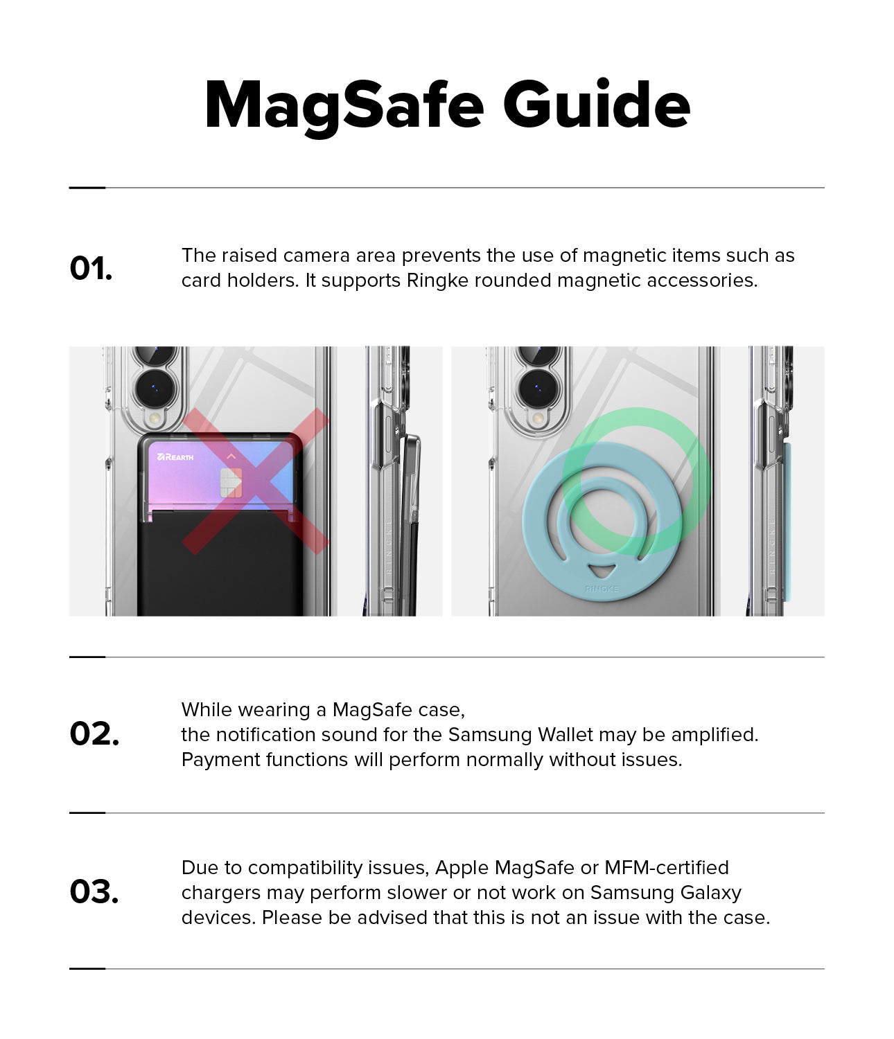 Galaxy Z Fold 8 Case | Fusion Flap Magnetic - A compatibility and usage guide graphic titled 'MagSafe Guide' on a white background, with three numbered text panels and small inset photos showing MagSafe attached to a phone case.
