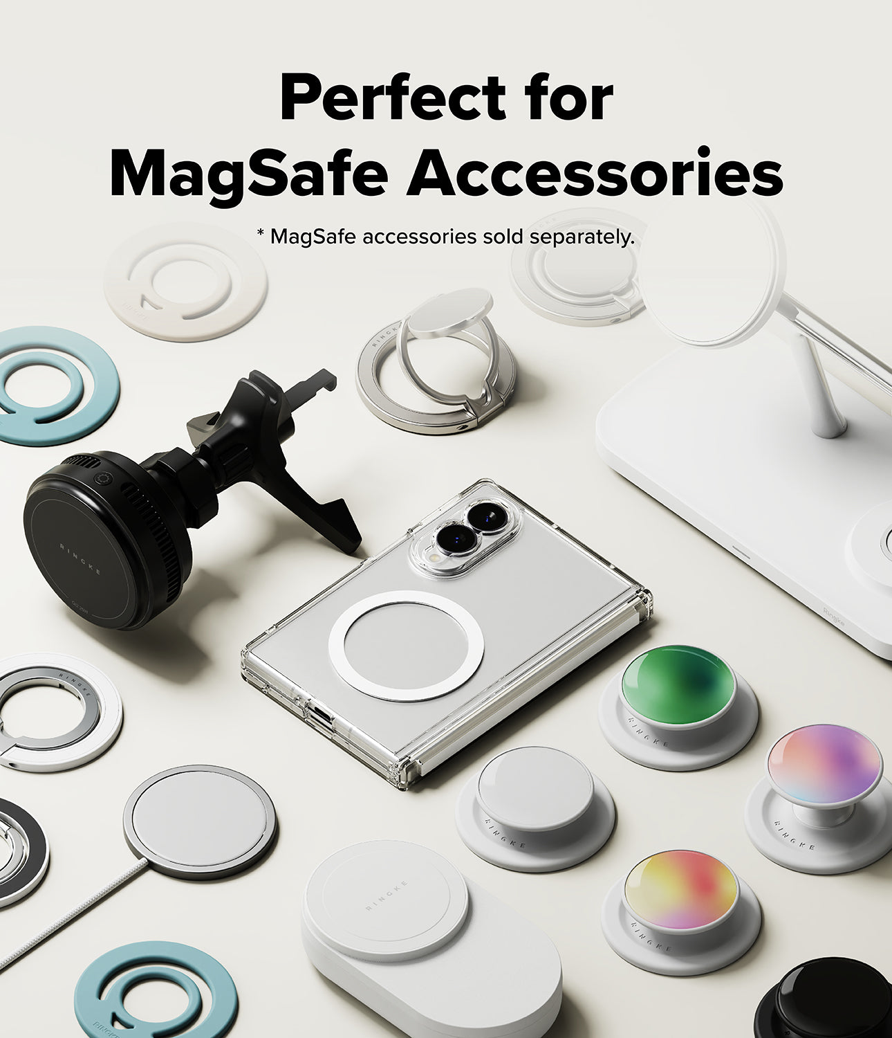 Galaxy Z Fold 8 Case | Fusion Flap Magnetic - A promotional flat-lay showing a silver smartphone with a MagSafe ring on the back, surrounded by various white and colored MagSafe accessories including rings, grips, and a stand. Text at the top reads 'Perfect for MagSafe Accessories' with a note that MagSafe accessories are sold separately.