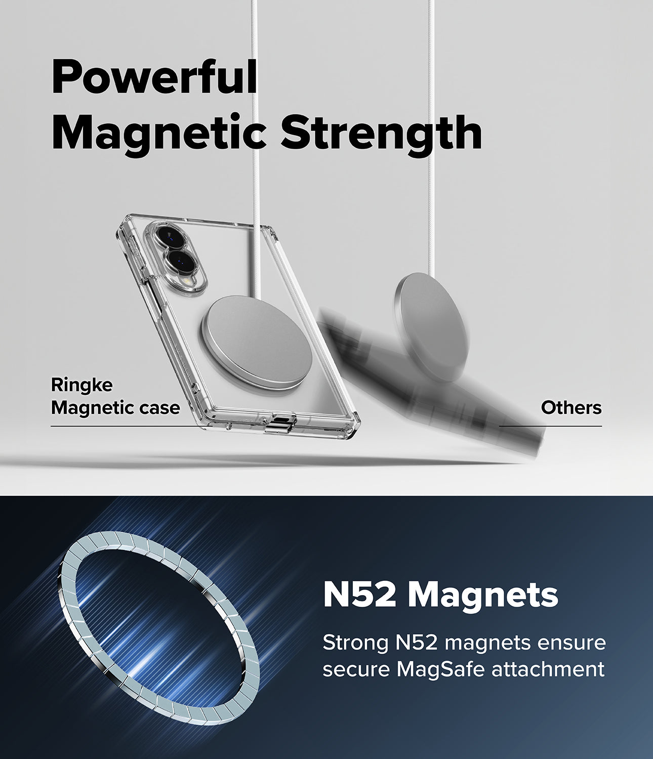 Galaxy Z Fold 8 Case | Fusion Flap Magnetic - Promotional graphic for a transparent magnetic phone case with a circular MagSafe ring. The top half shows the case floating with a magnetic ring attached under the text 'Powerful Magnetic Strength,' with a comparison label 'Ringke Magnetic case' and 'Others.