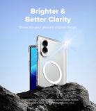Galaxy Z Fold 8 Case | Fusion Flap Magnetic - A clear MagSafe-compatible phone case shown on a smartphone, standing on dark rocks against a blue sky background. White text at the top reads 'Brighter & Better Clarity' with a note about showing the device's original design.
