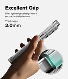 Galaxy Z Fold 8 Case | Fusion Flap Magnetic - A hand holds a slim transparent phone case against a light gray background, with text reading 'Excellent Grip' and 'Thickness 2.0mm,' plus a circular inset showing the case edge detail.