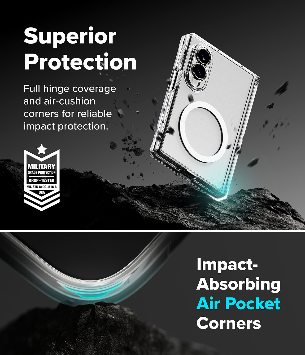 Galaxy Z Fold 8 Case | Fusion Flap Magnetic - A clear protective phone case with a circular MagSafe-style ring and transparent bumper edges, shown floating above dark rocky terrain. Text on the image highlights 'Superior Protection' and 'Impact-Absorbing Air Pocket Corners,' with a military-style badge on the left.