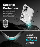 Galaxy Z Fold 8 Case | Fusion Flap Magnetic - A clear protective phone case with a circular MagSafe-style ring and transparent bumper edges, shown floating above dark rocky terrain. Text on the image highlights 'Superior Protection' and 'Impact-Absorbing Air Pocket Corners,' with a military-style badge on the left.