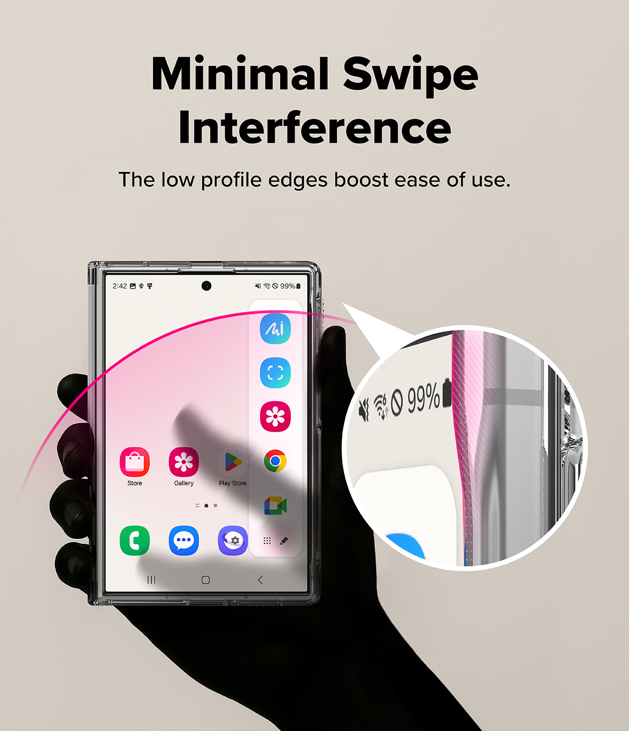 Galaxy Z Fold 8 Case | Fusion Flap - A hand holds a smartphone showing a clear, low-profile protective case with a pink inner lining. The image includes marketing text reading 'Minimal Swipe Interference' and a circular inset close-up of the phone edge showing the pink lining and low profile.