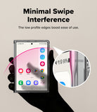 Galaxy Z Fold 8 Case | Fusion Flap - A hand holds a smartphone showing a clear, low-profile protective case with a pink inner lining. The image includes marketing text reading 'Minimal Swipe Interference' and a circular inset close-up of the phone edge showing the pink lining and low profile.