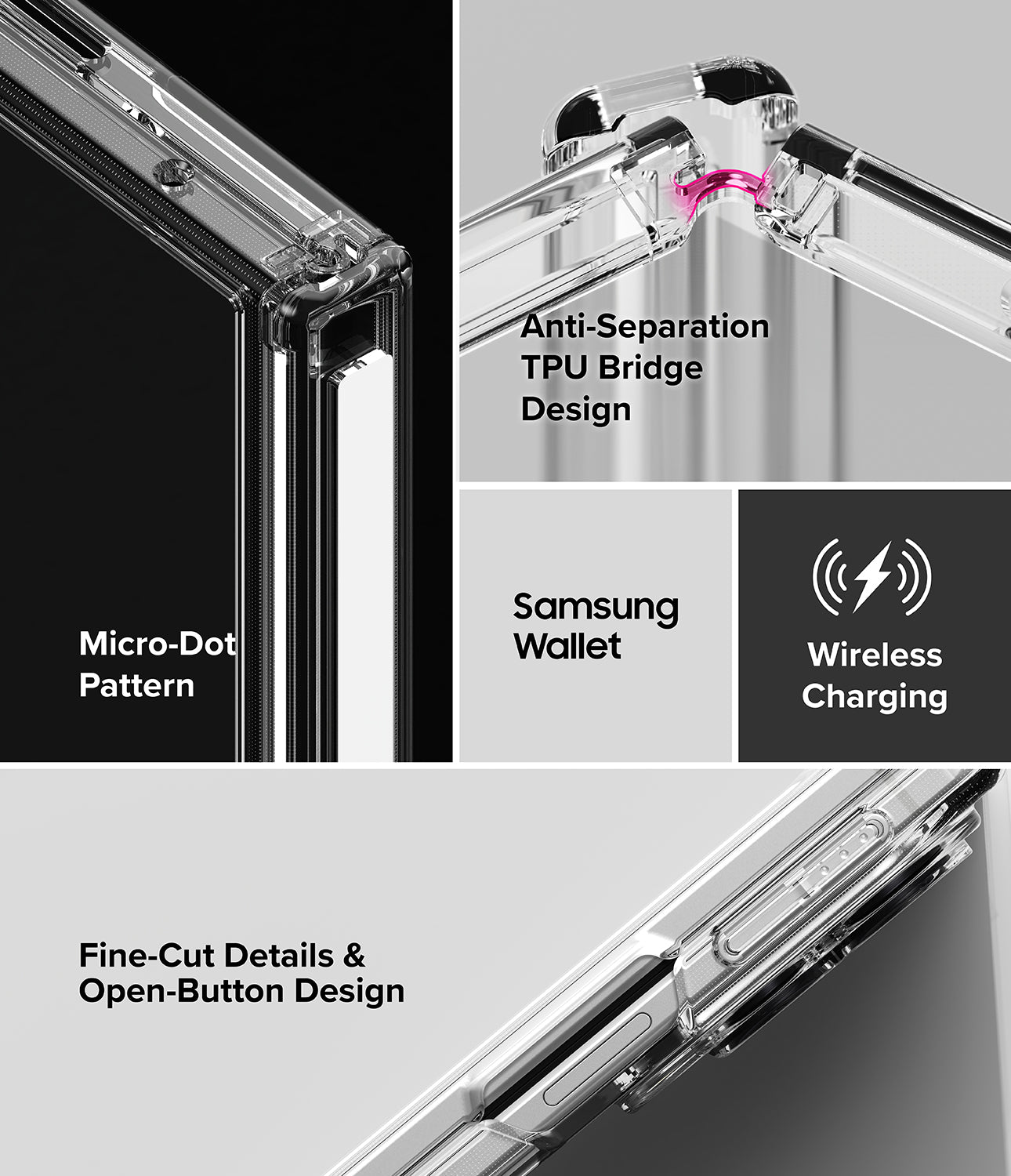 Galaxy Z Fold 8 Case | Fusion Flap - A transparent protective phone case shown in a multi-panel technical marketing graphic. The panels highlight features including a 'Micro-Dot Pattern' on the back, an 'Anti-Separation TPU Bridge Design' with a pink accent, 'Samsung Wallet' compatibility, 'Wireless Charging' support, and 'Fine-Cut Details & Open-Button Design'.