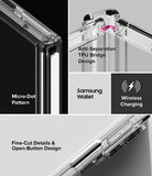 Galaxy Z Fold 8 Case | Fusion Flap - A transparent protective phone case shown in a multi-panel technical marketing graphic. The panels highlight features including a 'Micro-Dot Pattern' on the back, an 'Anti-Separation TPU Bridge Design' with a pink accent, 'Samsung Wallet' compatibility, 'Wireless Charging' support, and 'Fine-Cut Details & Open-Button Design'.
