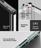 Galaxy Z Fold 8 Case | Fusion Flap - A composite product graphic showing a transparent phone case with close-up views of its corner, side button area, and compatibility details. Text labels include 'Micro-Dot Pattern,' 'Anti-Separation TPU Bridge Design,' 'Samsung Wallet,' 'Wireless Charging,' and 'Fine-Cut Details & Open-Button Design.