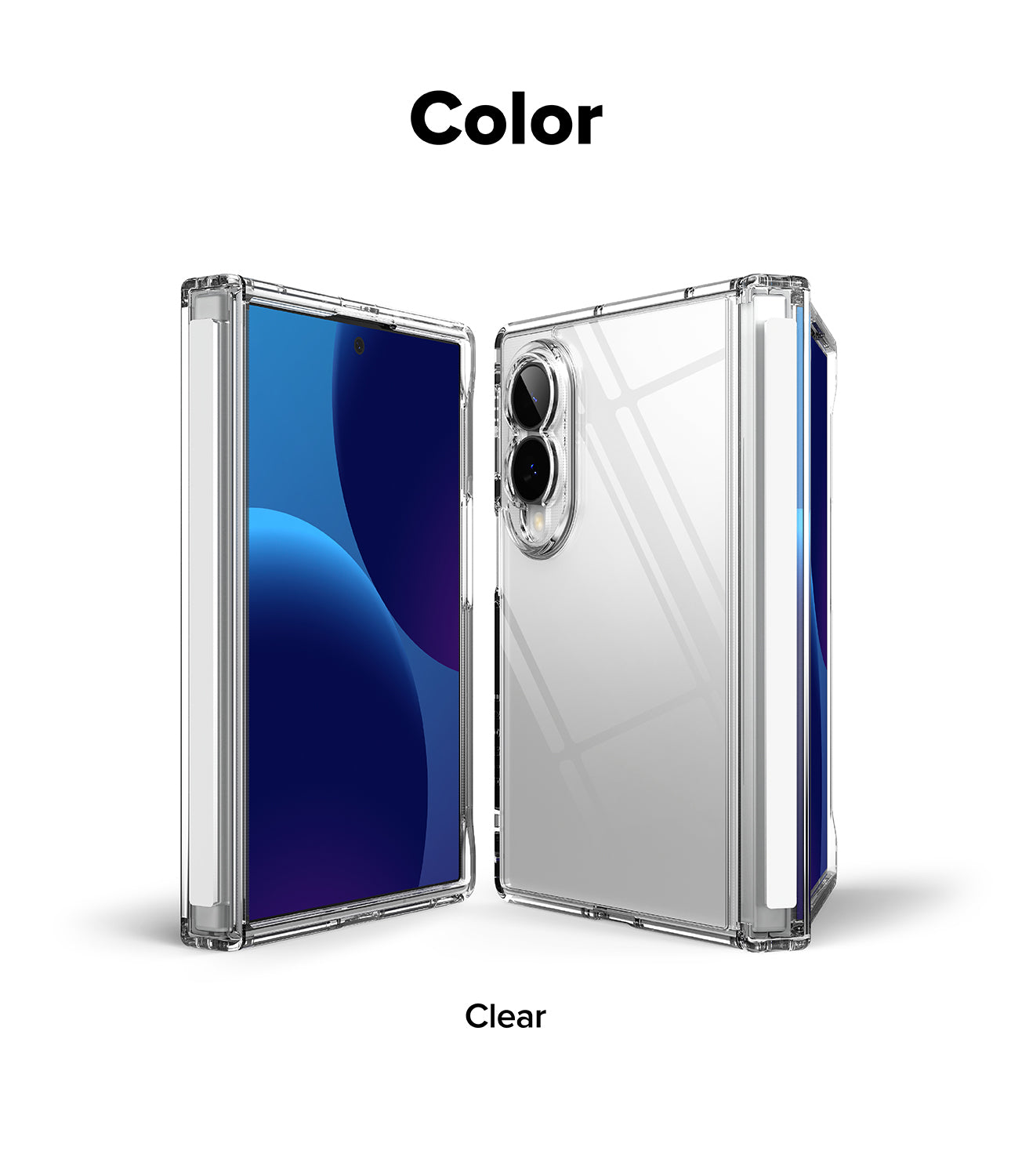 Galaxy Z Fold 8 Case | Fusion Flap - A clear protective case shown on a foldable smartphone from front and back angles, with the text 'Color' above and 'Clear' below on a white background.