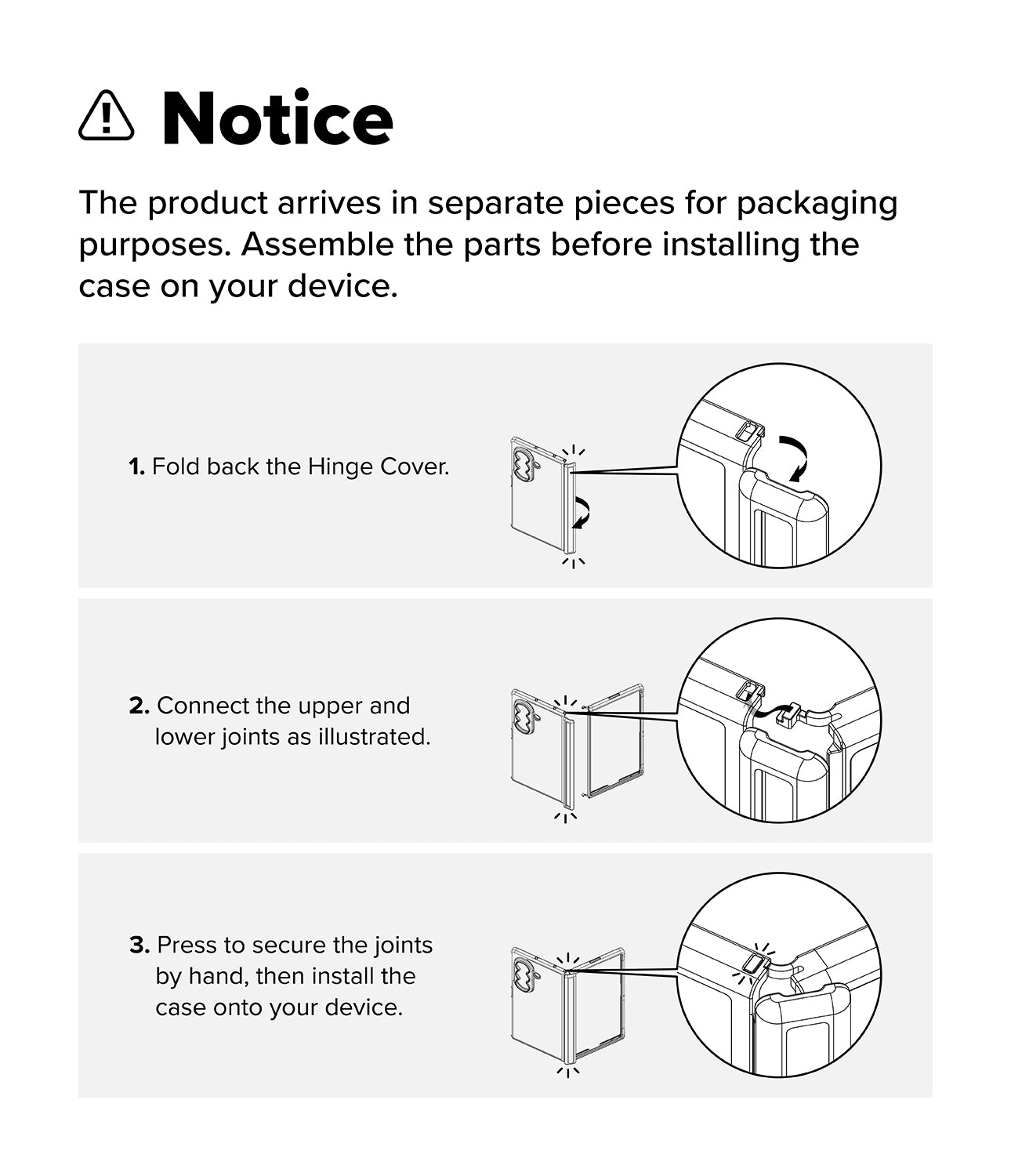Galaxy Z Fold 8 Case | Fusion Flap - Instruction notice sheet showing three steps for assembling a product case: fold back the hinge cover, connect the upper and lower joints, and press to secure the joints before installing the case on a device.