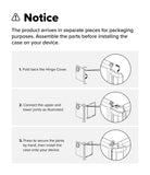 Galaxy Z Fold 8 Case | Fusion Flap - Instruction notice sheet showing three steps for assembling a product case: fold back the hinge cover, connect the upper and lower joints, and press to secure the joints before installing the case on a device.