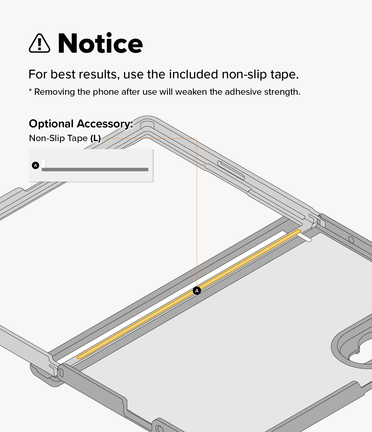 Galaxy Z Fold 8 Case | Fusion Flap - Instruction graphic showing a phone case with a highlighted strip of non-slip tape and text noting that the included non-slip tape should be used for best results.