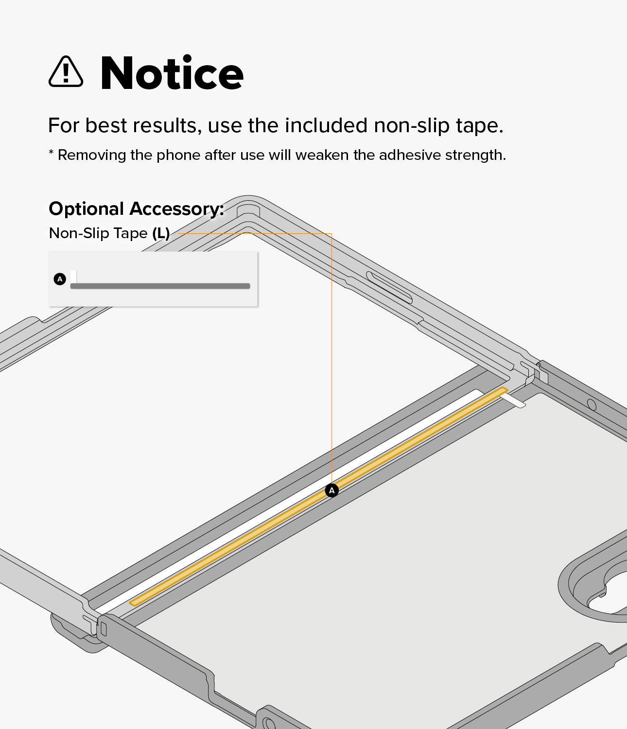Galaxy Z Fold 8 Case | Fusion Flap - Instruction graphic showing a phone case with a note about using included non-slip tape and an optional non-slip tape accessory, with a highlighted strip of tape on the case.