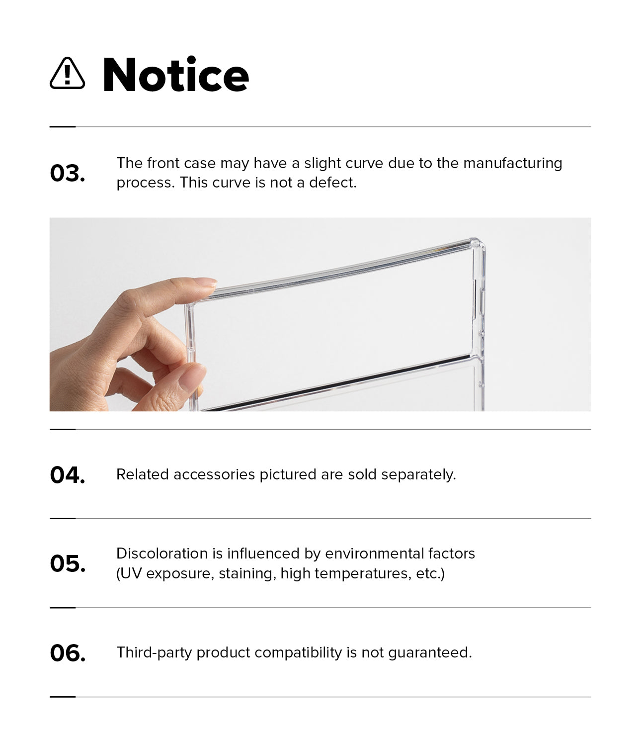 Galaxy Z Fold 8 Case | Fusion Flap - A white notice sheet with black text and a small inset photo showing a hand holding a clear rectangular frame or panel. The notice lists six points, including that the front case may have slight curvature from manufacturing and that related accessories are sold separately.