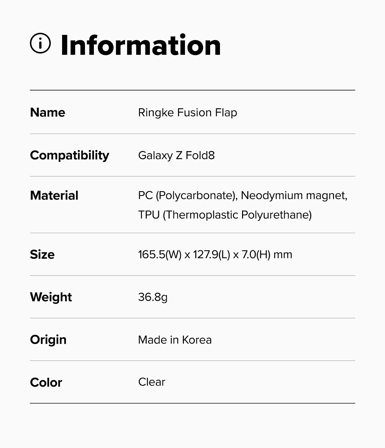 Galaxy Z Fold 8 Case | Fusion Flap - An information card detailing the specifications of a Ringke Fusion Flap for the Galaxy Z Fold8. The card features a clean white background with black text listing the product name, compatibility, materials (PC, Neodymium magnet, TPU), dimensions (165.