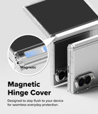 Galaxy Z Fold 8 Case | Fusion Flap - Transparent magnetic hinge phone case shown on a folded smartphone, with a circular inset highlighting the magnetic connection and text reading 'Magnetic Hinge Cover' on a light gray background.
