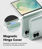 Galaxy Z Fold 8 Case | Fusion Flap - Transparent magnetic hinge phone case shown on a smartphone, with a circular inset highlighting the hinge detail and text reading 'Magnetic Hinge Cover' on a light gray background.