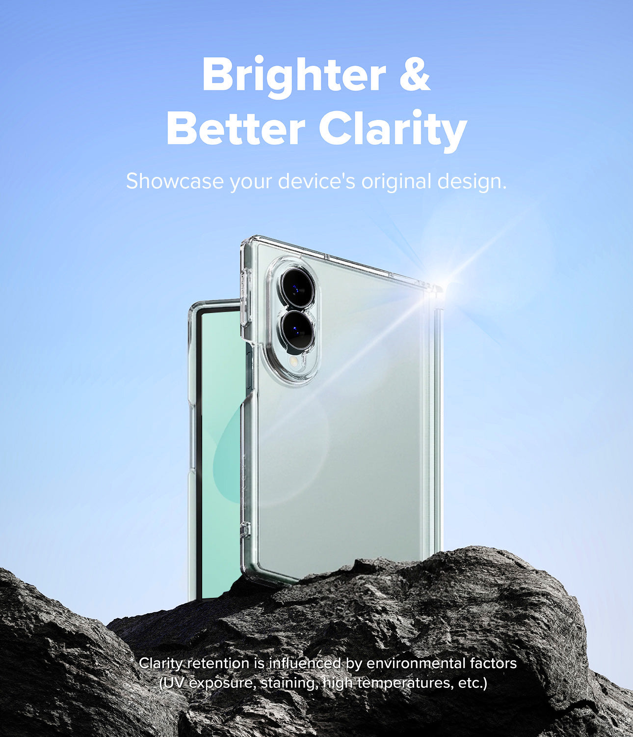 Galaxy Z Fold 8 Case | Fusion Flap - A clear protective phone case shown on a smartphone, standing upright on dark rocks against a bright blue sky background. White marketing text at the top reads 'Brighter & Better Clarity' and small disclaimer text appears near the bottom.