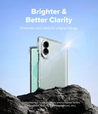 Galaxy Z Fold 8 Case | Fusion Flap - A clear protective phone case shown on a smartphone, standing upright on dark rocks against a bright blue sky background. White marketing text at the top reads 'Brighter & Better Clarity' and small disclaimer text appears near the bottom.