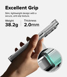 Galaxy Z Fold 8 Case | Fusion Flap - A hand holds a slim transparent phone case against a light gray background, with text reading 'Excellent Grip' and product specs including weight 38.2g and thickness 2.