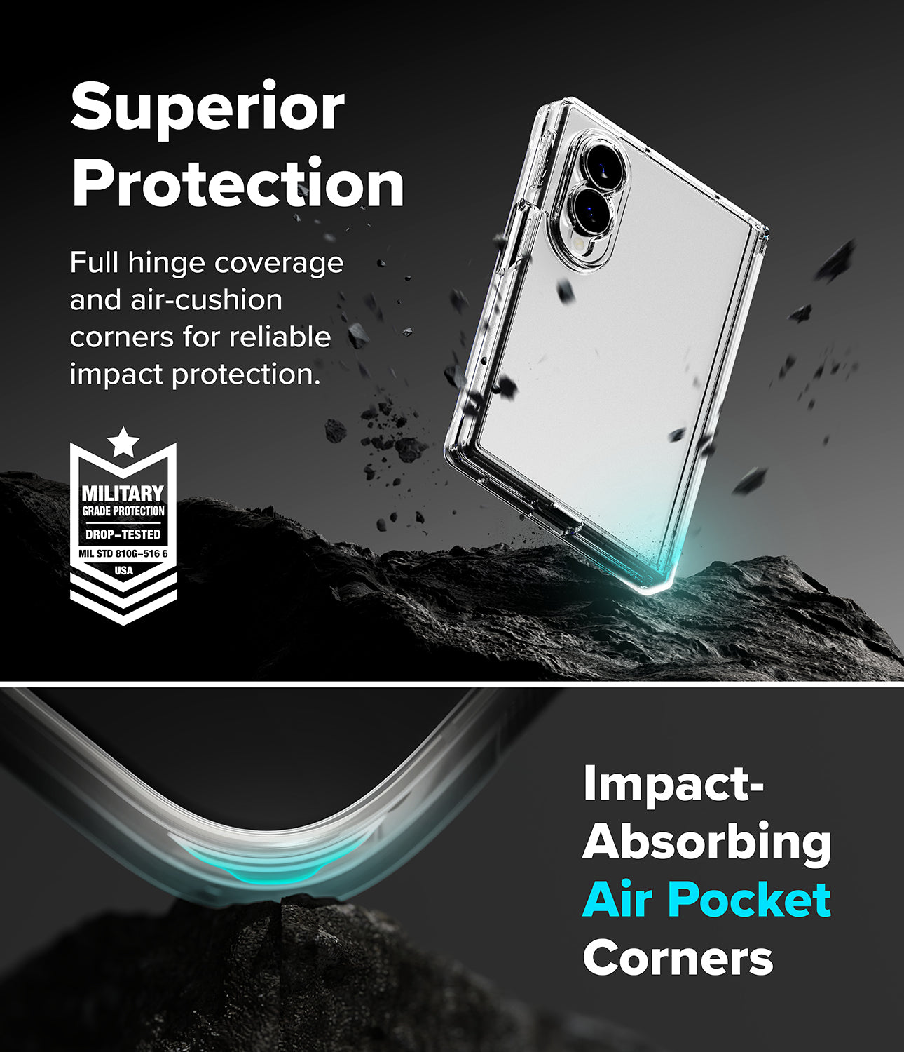 Galaxy Z Fold 8 Case | Fusion Flap - A clear protective phone case shown floating above dark rocks in a dramatic promotional graphic. Text reads 'Superior Protection' and 'Impact-Absorbing Air Pocket Corners,' with a military-style badge on the left and a close-up of the curved transparent corner at the bottom.