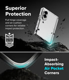 Galaxy Z Fold 8 Case | Fusion Flap - A clear protective phone case shown floating above dark rocks in a dramatic promotional graphic. Text reads 'Superior Protection' and 'Impact-Absorbing Air Pocket Corners,' with a military-style badge on the left and a close-up of the curved transparent corner at the bottom.