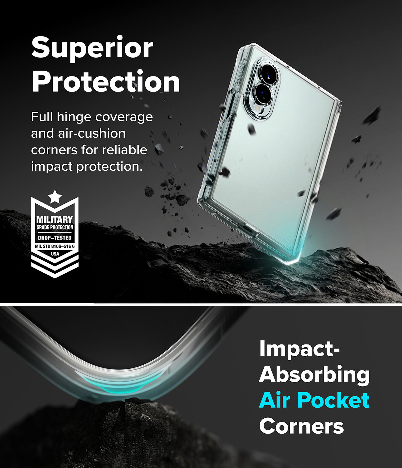 Galaxy Z Fold 8 Case | Fusion Flap - A clear protective phone case shown floating over dark rocks with promotional text reading 'Superior Protection' and 'Impact-Absorbing Air Pocket Corners.' The design includes marketing copy and a military drop-test badge rather than a plain studio product shot.