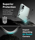 Galaxy Z Fold 8 Case | Fusion Flap - A clear protective phone case shown floating over dark rocks with promotional text reading 'Superior Protection' and 'Impact-Absorbing Air Pocket Corners.' The design includes marketing copy and a military drop-test badge rather than a plain studio product shot.
