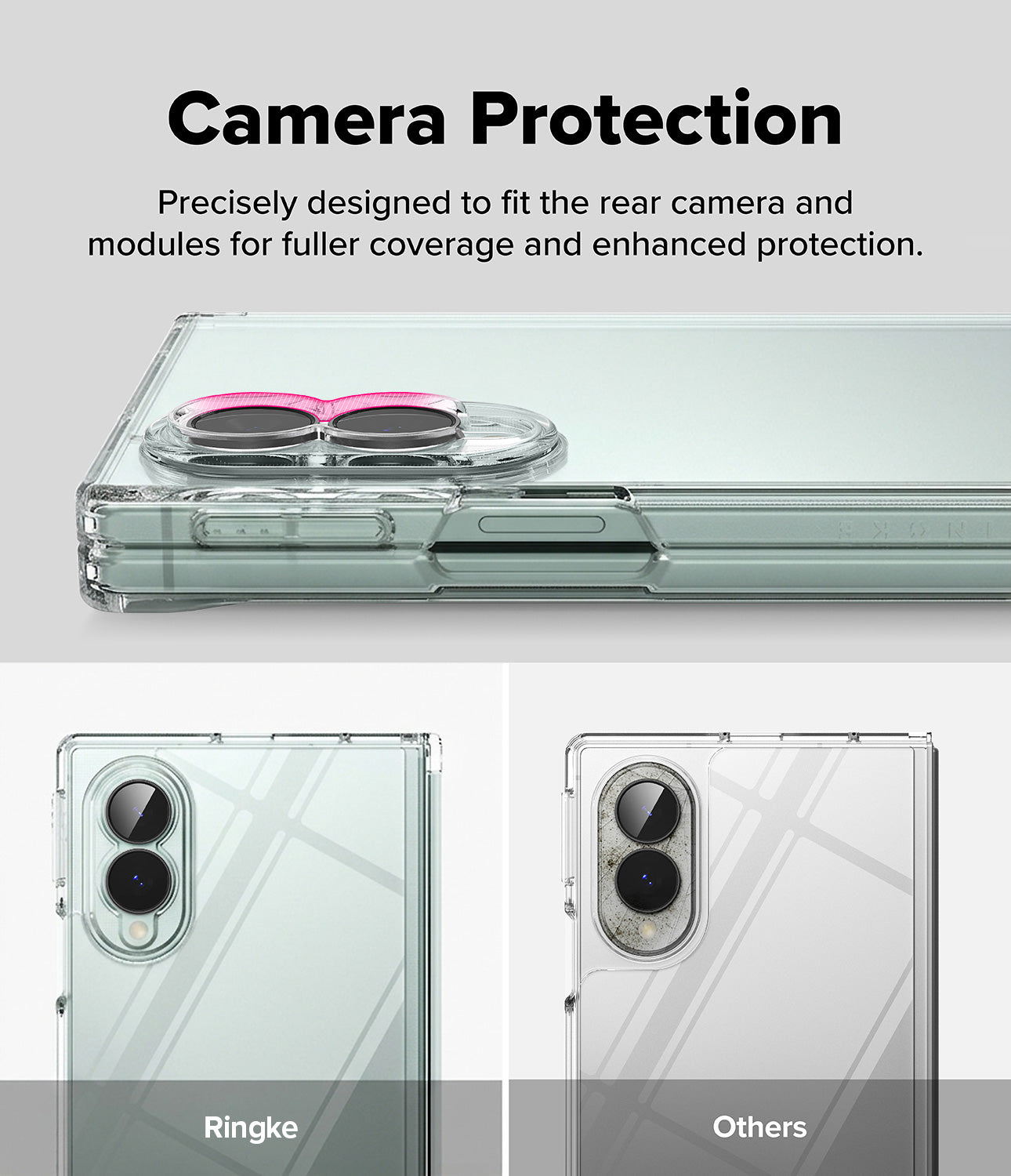 Galaxy Z Fold 8 Case | Fusion Flap - A clear phone case with a pink ring-shaped magnetic grip shown on the back of a phone, with text reading 'Camera Protection' and smaller comparison images labeled 'Ringke' and 'Others'.