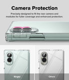 Galaxy Z Fold 8 Case | Fusion Flap - A clear phone case with a pink ring-shaped magnetic grip shown on the back of a phone, with text reading 'Camera Protection' and smaller comparison images labeled 'Ringke' and 'Others'.