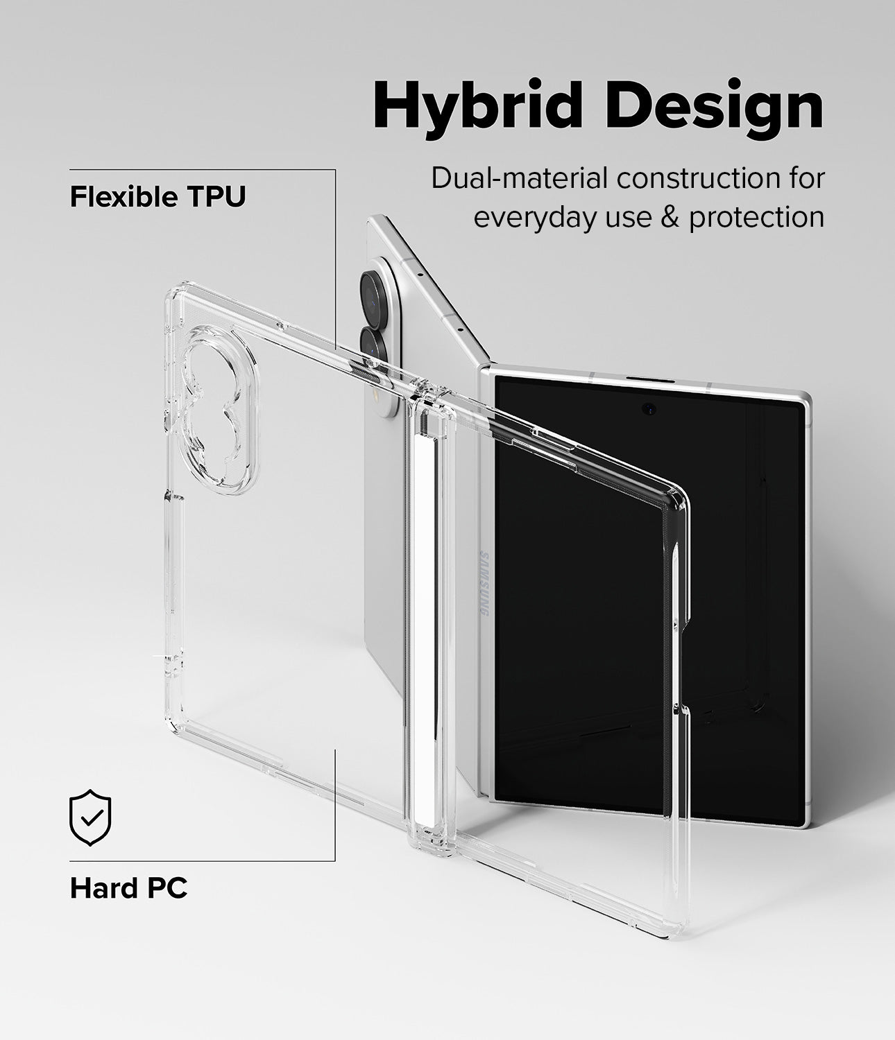 Galaxy Z Fold 8 Case | Fusion Flap - Transparent hybrid tablet case shown with a tablet, featuring text callouts for Flexible TPU, Hard PC, and Hybrid Design on a light gray background.
