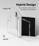 Galaxy Z Fold 8 Case | Fusion Flap - Transparent hybrid tablet case shown with a tablet, featuring text callouts for Flexible TPU, Hard PC, and Hybrid Design on a light gray background.