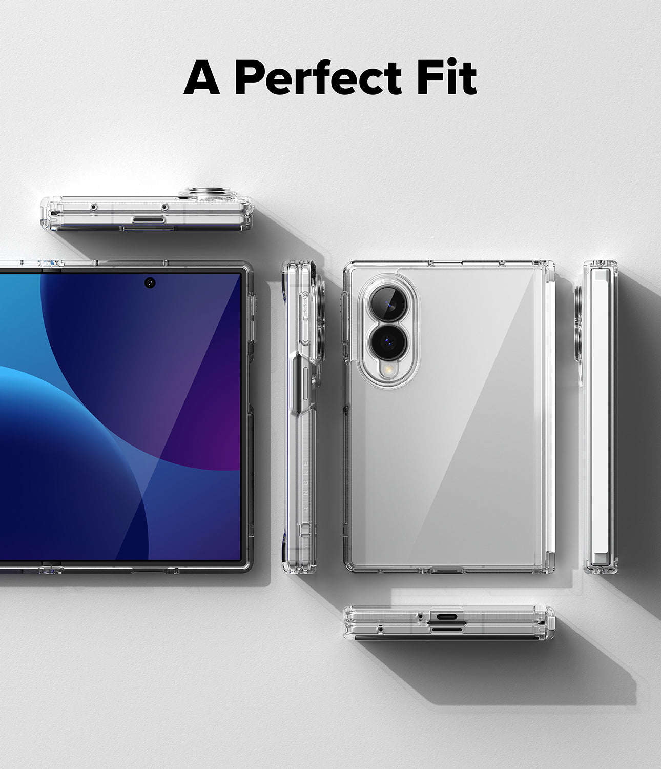 Galaxy Z Fold 8 Case | Fusion Flap - A clear protective case shown on a foldable smartphone from multiple angles, with the text 'A Perfect Fit' at the top on a clean light gray background.