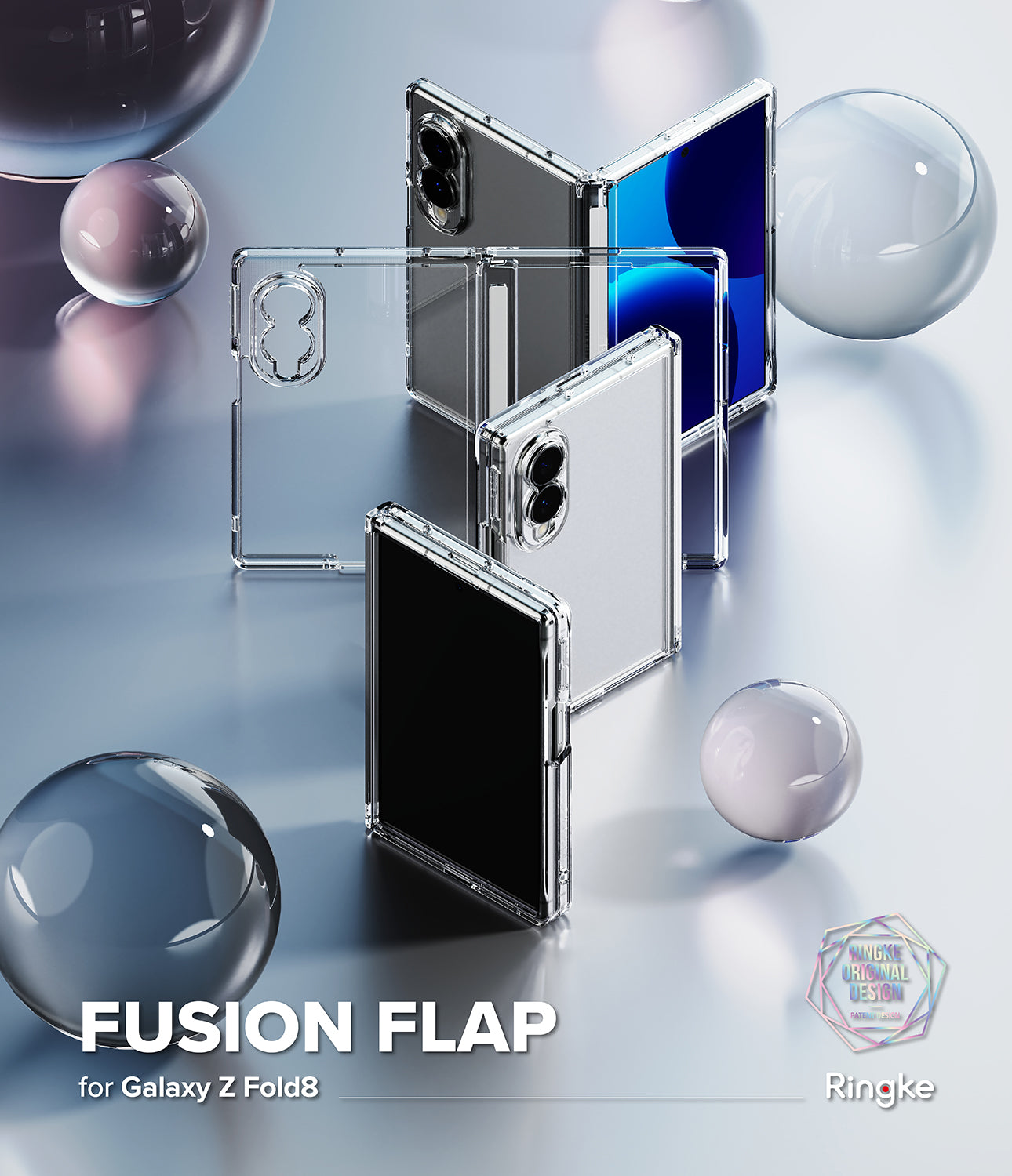 Galaxy Z Fold 8 Case | Fusion Flap - Transparent phone case with a foldable flap design shown on a Samsung Galaxy Z Fold8, displayed in multiple angles with floating glass spheres on a reflective blue surface.