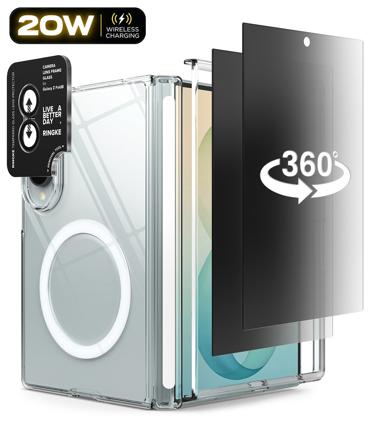 Galaxy Z Fold 8 | Fusion Air Flap Magnetic + 360° Privacy & Camera - A clear protective phone case with a built-in ring light, shown alongside a black 360-degree rotating screen protector and a black 20W wireless charging badge on a white background.