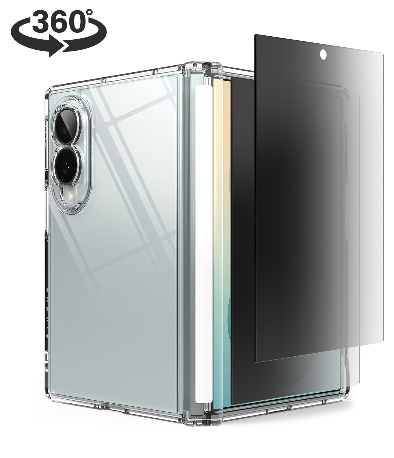 [Bundle] Galaxy Z Fold 8 | Fusion Flap + Privacy Protectors - A clear protective case for a foldable smartphone shown on a white background, with a dark tinted screen protector leaning against the right side of the case. A black '360°' graphic appears in the top-left corner.